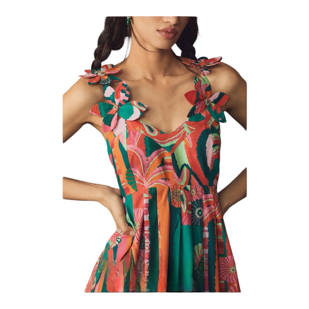 Farm Rio X Anthropologie Pleated Palm Midi Dress Xxs $349 Msrp
